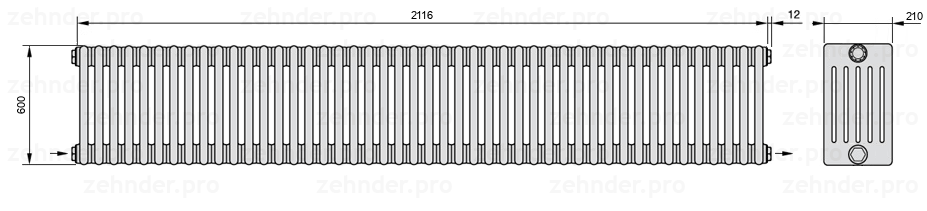 Схема (чертеж) Радиатор Zehnder Charleston 6060/46 №2670 Белый глянцевый RAL 9016